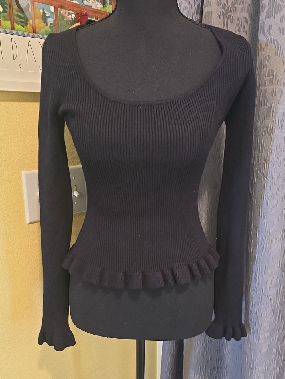 Baltic Born Black Ribbed Scoop-Neck Long Sleeve Top with Ruffled Hem